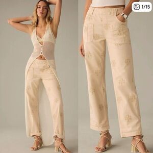 Anthropologie Pilcro Rustic Pull On Floral Embroidered Pants Neutral Size Small